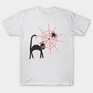 Spookily cute cats, spiders and cobwebs for Halloween in watermelon pink and darkest charcoal T-Shirt